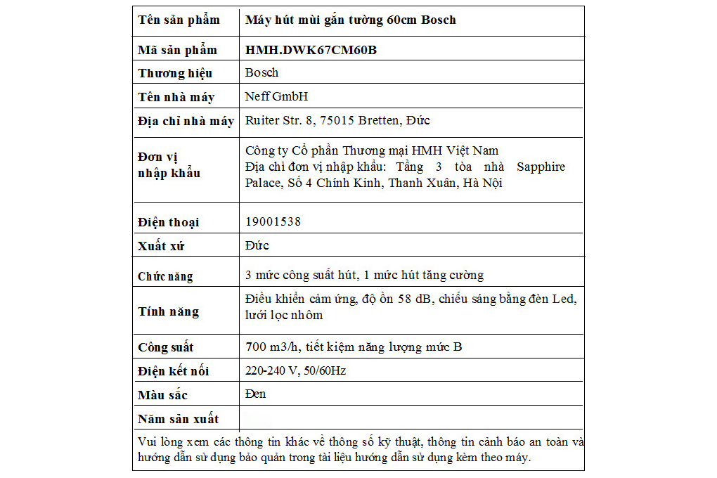 Xuất xứ - Máy hút mùi kính vát Bosch DWK67CM60B Xuất xứ - Máy hút mùi kính vát Bosch DWK67CM60B