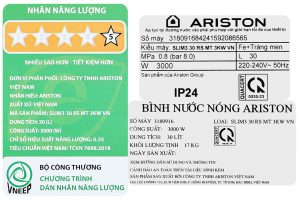 Máy nước nóng gián tiếp Ariston 30 lít 2500W SLIM3 30 RS
