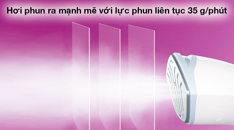 Bàn ủi hơi nước đứng Philips GC625/29 - Hơi phun ra mạnh mẽ với lực phun liên tục đạt 35 g/phút, hơi phun tăng cường đến 90g Bàn ủi hơi nước đứng Philips GC625/29 - Hơi phun ra mạnh mẽ với lực phun liên tục đạt 35 g/phút, hơi phun tăng cường đến 90g