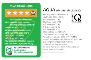 Máy giặt sấy Aqua Inverter giặt 12 kg - sấy 7 kg AWD12-BD4377U1L(GN)