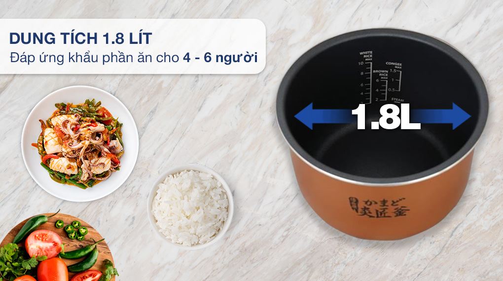 Nồi cơm điện tử Toshiba 1.8 lít RC-18DR5UVN(W) - Dung tích Nồi cơm điện tử Toshiba 1.8 lít RC-18DR5UVN(W) - Dung tích