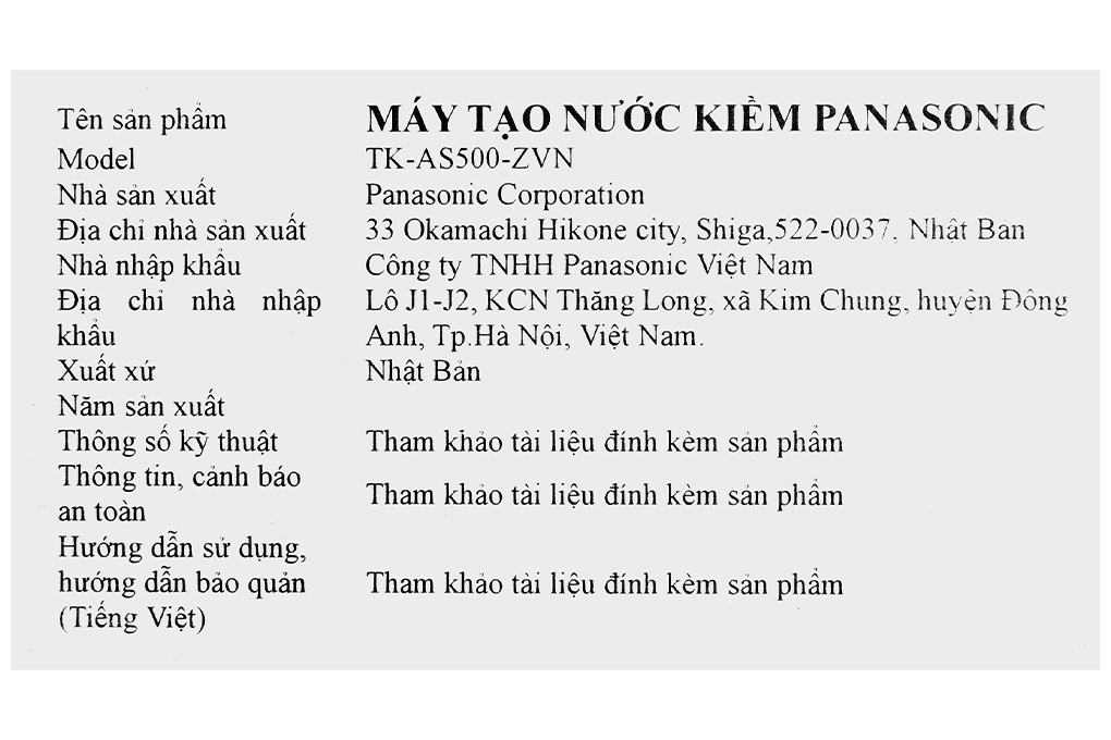 Máy lọc nước điện giải ion kiềm Panasonic TK-AS500-ZVN Máy lọc nước điện giải ion kiềm Panasonic TK-AS500-ZVN