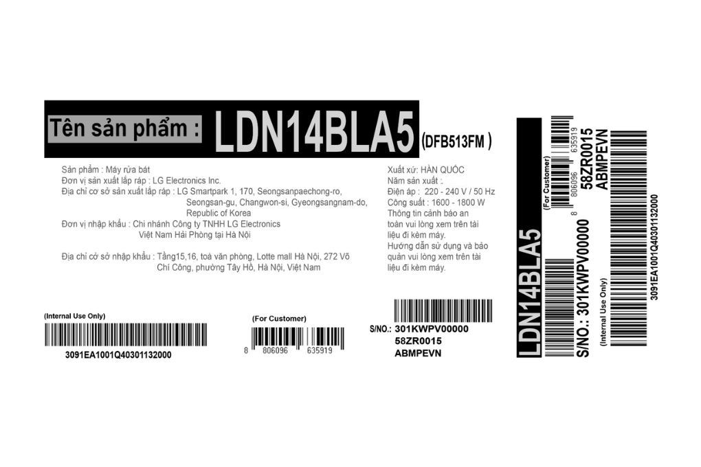 Máy rửa bát độc lập LG LDN14BLA5 Máy rửa bát độc lập LG LDN14BLA5