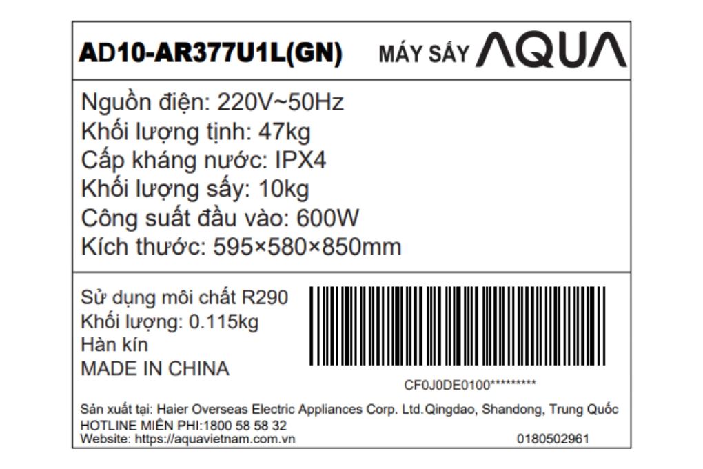 Máy sấy bơm nhiệt Aqua 10 kg AD10-AR377U1L GN Máy sấy bơm nhiệt Aqua 10 kg AD10-AR377U1L GN