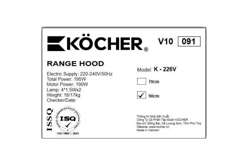 Máy hút mùi kính cong Kocher K-226V - 90cm Máy hút mùi kính cong Kocher K-226V - 90cm