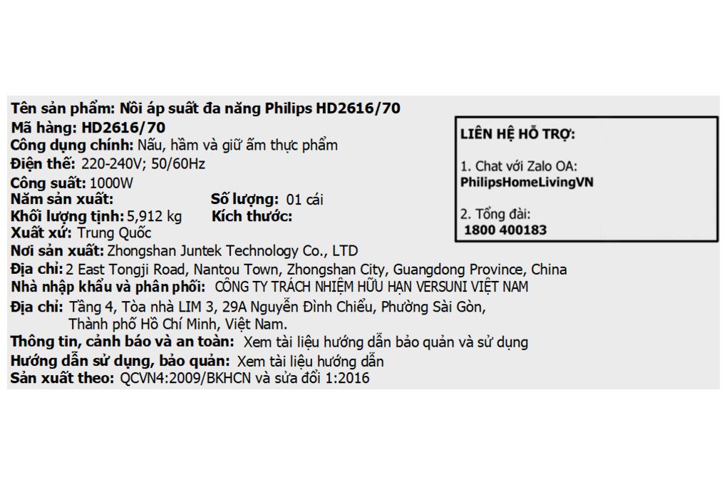 Nồi áp suất điện Philips HD2616/70 6 lít Nồi áp suất điện Philips HD2616/70 6 lít