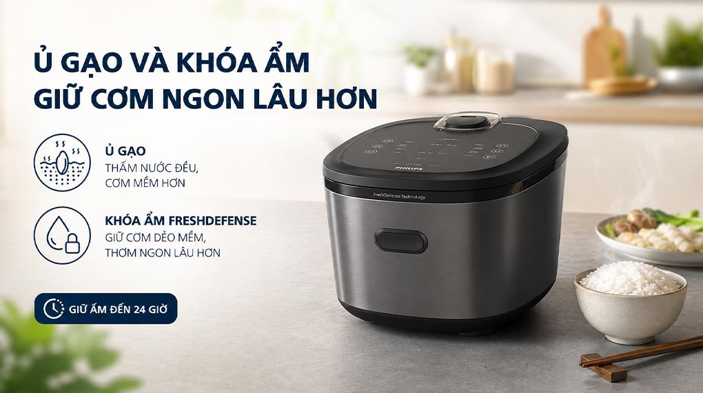 Ủ gạo và khóa ẩm đảm bảo chất lượng cơm lâu hơn - Nồi cơm cao tần Philips 1.5 lít HD5210/82 Ủ gạo và khóa ẩm đảm bảo chất lượng cơm lâu hơn - Nồi cơm cao tần Philips 1.5 lít HD5210/82