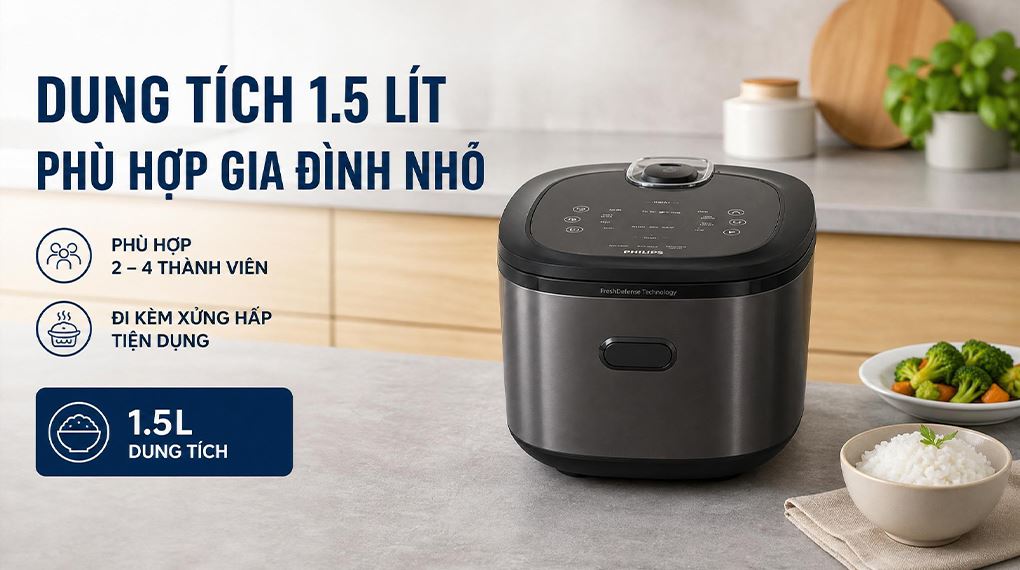Dung tích 1.5 lít phù hợp gia đình nhỏ - Nồi cơm cao tần Philips 1.5 lít HD5210/82 Dung tích 1.5 lít phù hợp gia đình nhỏ - Nồi cơm cao tần Philips 1.5 lít HD5210/82