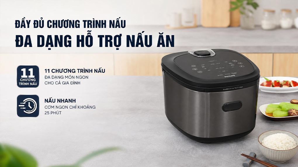 Đầy đủ chương trình nấu đa dạng hỗ trợ nấu ăn - Nồi cơm cao tần Philips 1.5 lít HD5210/82 Đầy đủ chương trình nấu đa dạng hỗ trợ nấu ăn - Nồi cơm cao tần Philips 1.5 lít HD5210/82