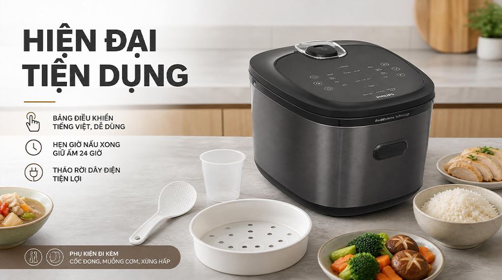 Bảng điều khiển tiếng Việt và tiện ích sử dụng hàng ngày - Nồi cơm cao tần Philips 1.5 lít HD5210/82 Bảng điều khiển tiếng Việt và tiện ích sử dụng hàng ngày - Nồi cơm cao tần Philips 1.5 lít HD5210/82