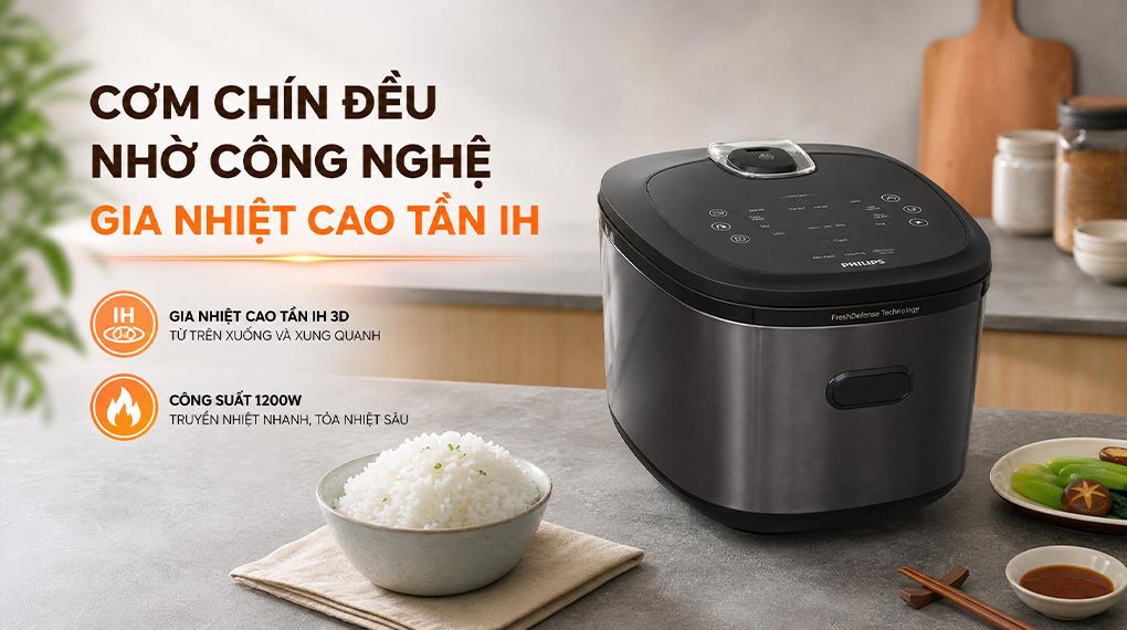 Cơm chín đều nhờ công nghệ gia nhiệt cao tần IH - Nồi cơm cao tần Philips 1.5 lít HD5210/82 Cơm chín đều nhờ công nghệ gia nhiệt cao tần IH - Nồi cơm cao tần Philips 1.5 lít HD5210/82