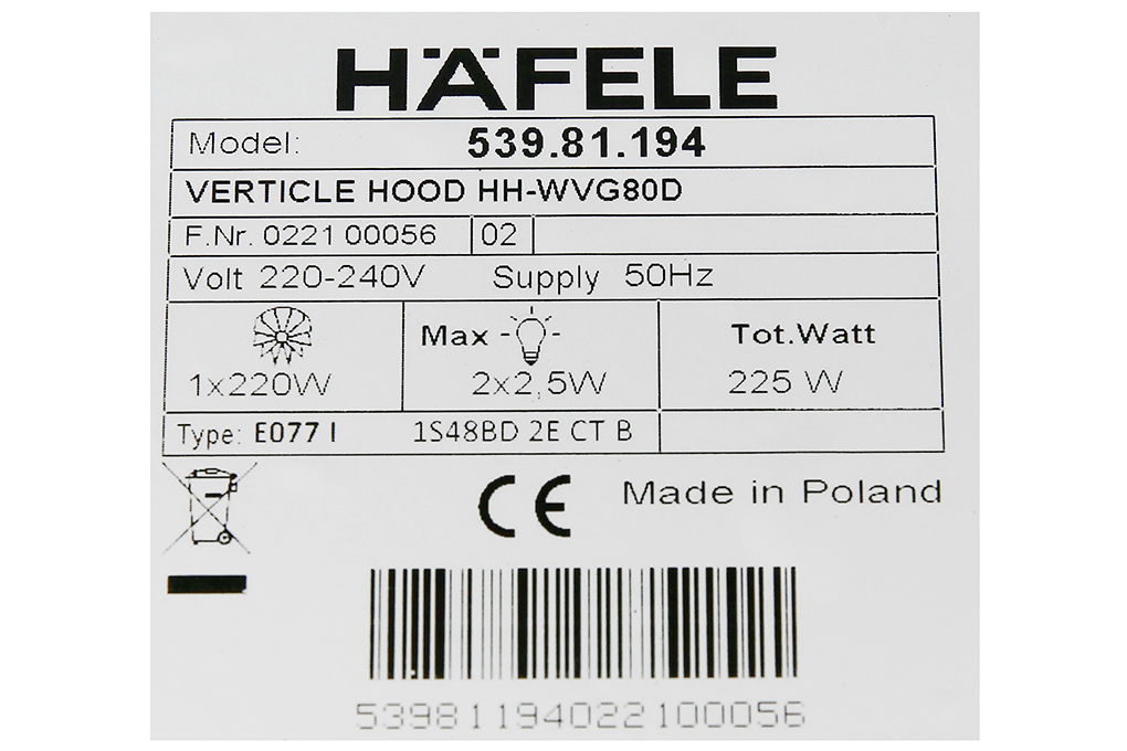 Máy hút mùi kính vát Hafele HH-WVG80D (539.81.194) Máy hút mùi kính vát Hafele HH-WVG80D (539.81.194)