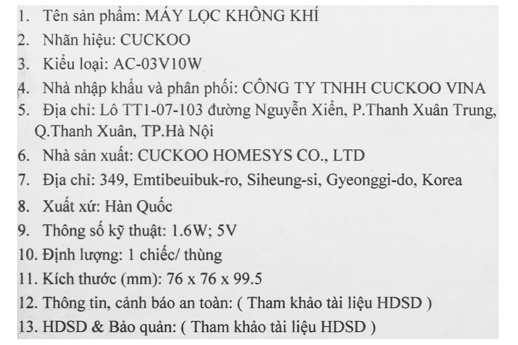 Máy lọc không khí mini Cuckoo CAC-03V10W 1.6W Máy lọc không khí mini Cuckoo CAC-03V10W 1.6W