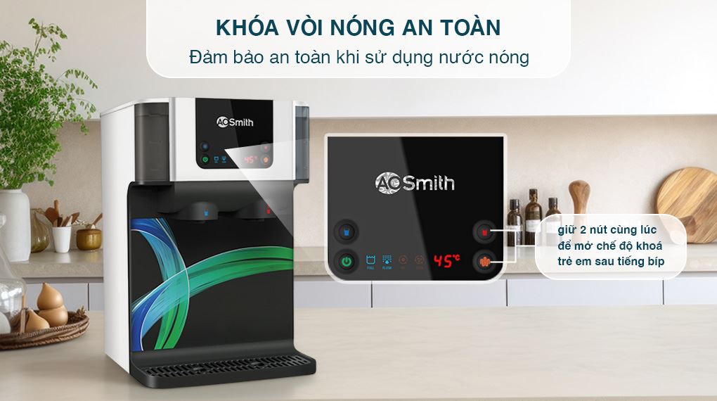 Máy lọc nước RO nóng nguội AOSmith ECO-AOC75PUR 4 lõi - Khóa vòi nóng Máy lọc nước RO nóng nguội AOSmith ECO-AOC75PUR 4 lõi - Khóa vòi nóng