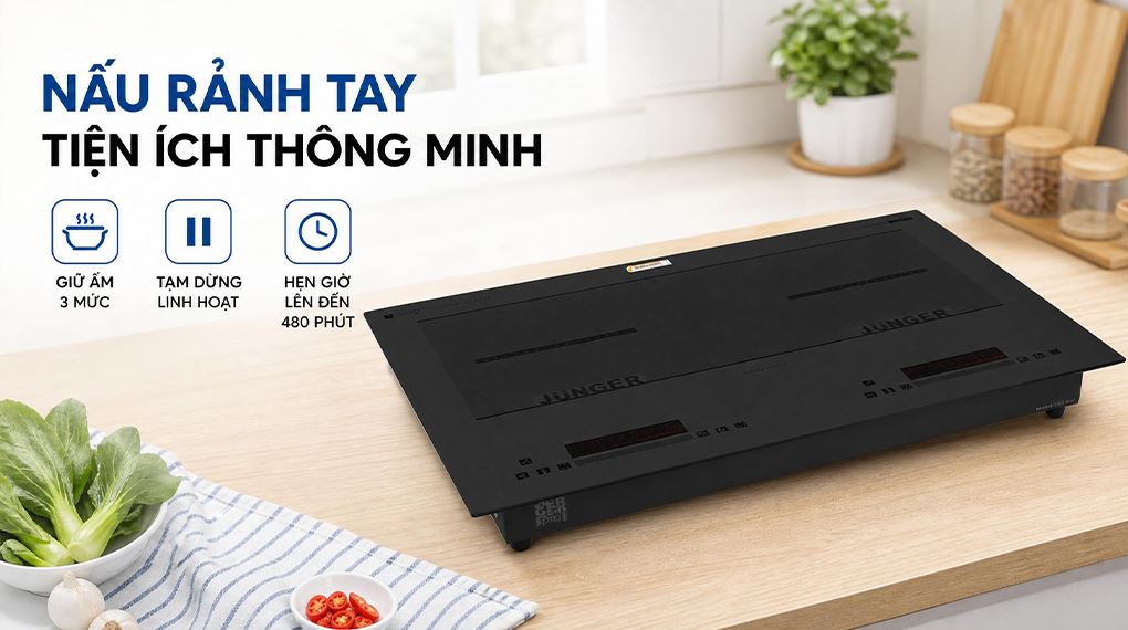 Giữ ấm, tạm dừng và hẹn giờ giúp nấu rảnh tay hơn - Bếp từ đôi âm Junger JG CEJ-221 4400W Giữ ấm, tạm dừng và hẹn giờ giúp nấu rảnh tay hơn - Bếp từ đôi âm Junger JG CEJ-221 4400W