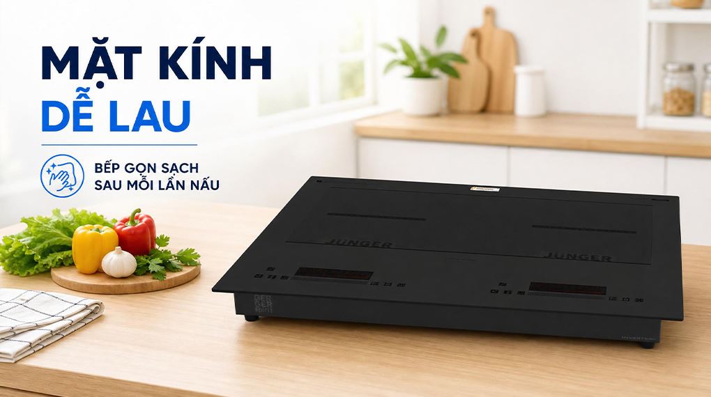 Mặt kính dễ lau, tạo cảm giác bếp gọn sạch sau khi nấu - Bếp từ đôi âm Junger JG CEJ-221 4400W Mặt kính dễ lau, tạo cảm giác bếp gọn sạch sau khi nấu - Bếp từ đôi âm Junger JG CEJ-221 4400W