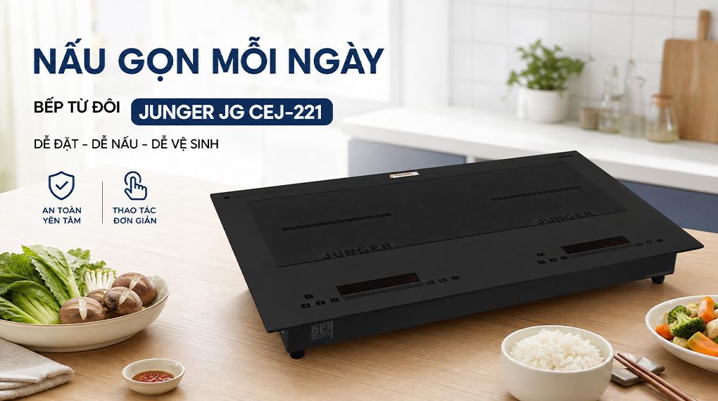 Nấu nhanh hai món cùng lúc, phù hợp bữa cơm gia đình - Bếp từ đôi âm Junger JG CEJ-221 4400W Nấu nhanh hai món cùng lúc, phù hợp bữa cơm gia đình - Bếp từ đôi âm Junger JG CEJ-221 4400W