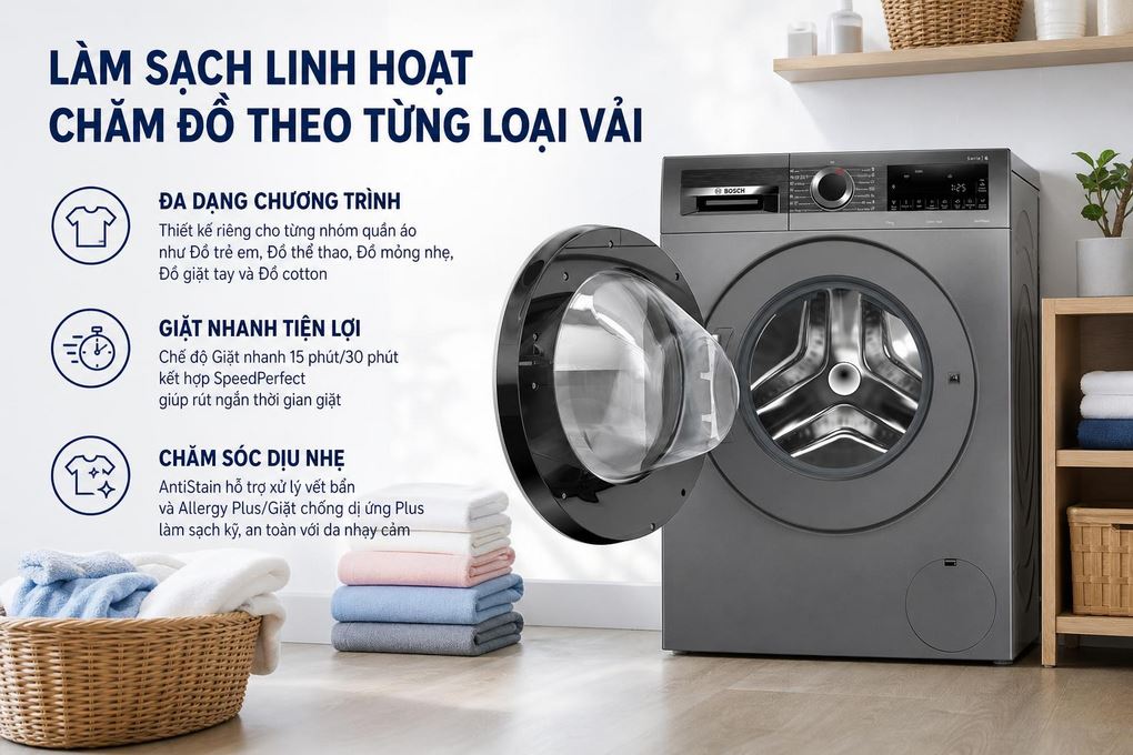 Máy giặt Bosch Inverter 9 kg WGG24401SG - Làm sạch linh hoạt, chăm đồ theo từng loại vải Máy giặt Bosch Inverter 9 kg WGG24401SG - Làm sạch linh hoạt, chăm đồ theo từng loại vải