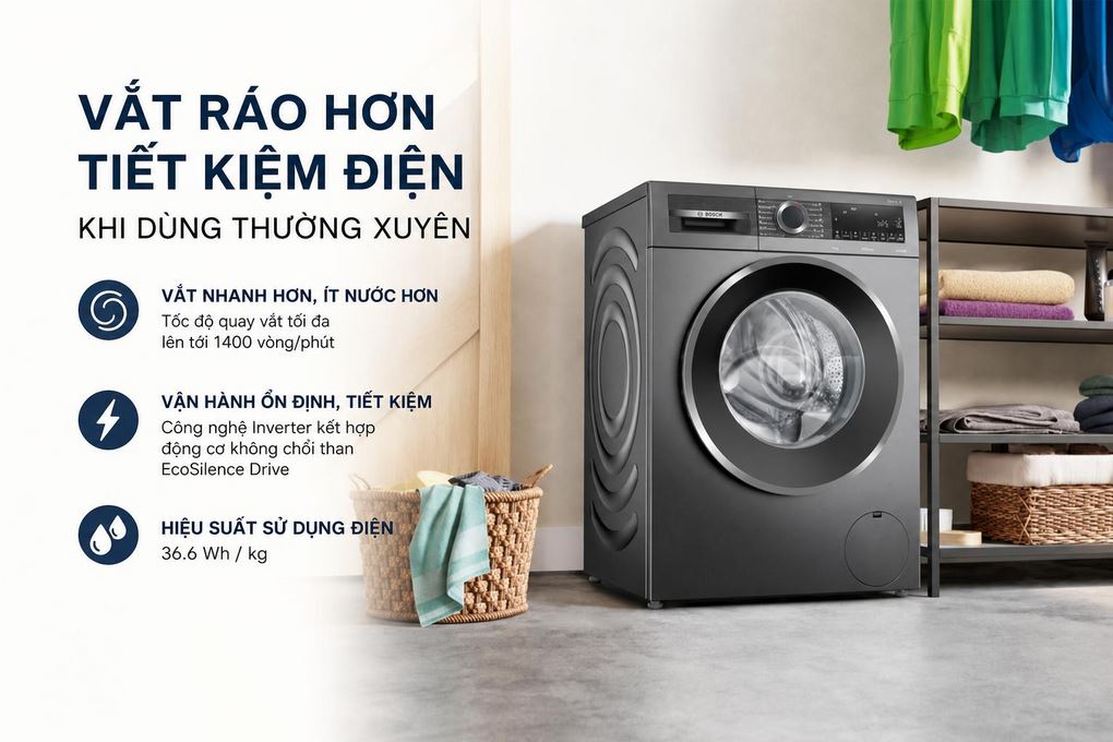 Máy giặt Bosch Inverter 9 kg WGG24401SG - Vắt ráo hơn, tiết kiệm điện khi dùng thường xuyên Máy giặt Bosch Inverter 9 kg WGG24401SG - Vắt ráo hơn, tiết kiệm điện khi dùng thường xuyên