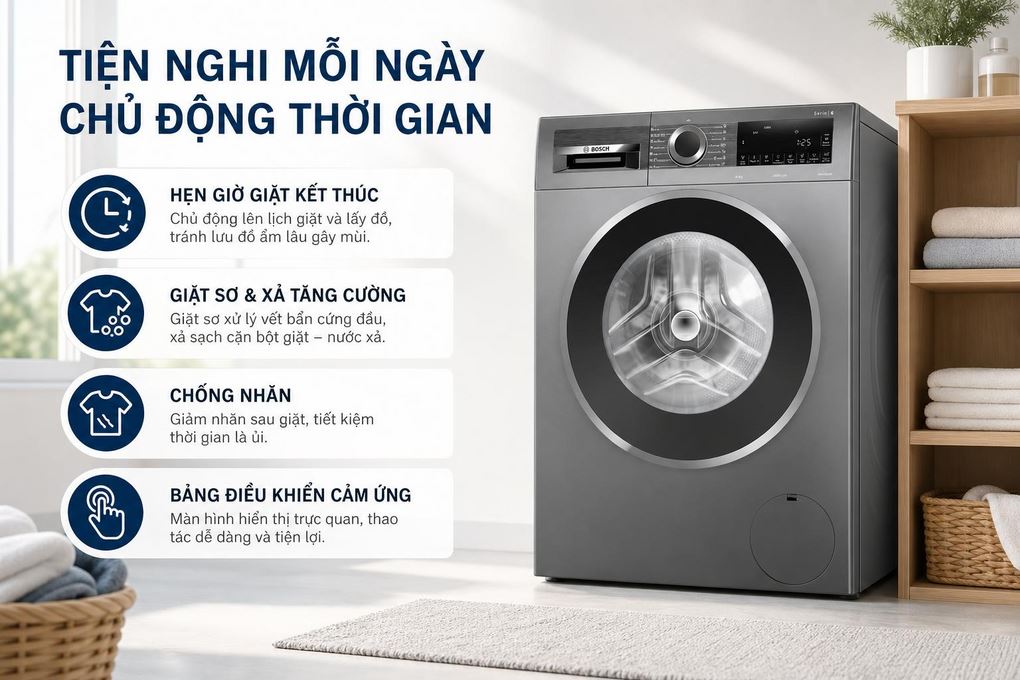 Máy giặt Bosch Inverter 9 kg WGG24401SG - Tiện ích giúp chủ động thời gian và chăm đồ dễ hơn Máy giặt Bosch Inverter 9 kg WGG24401SG - Tiện ích giúp chủ động thời gian và chăm đồ dễ hơn