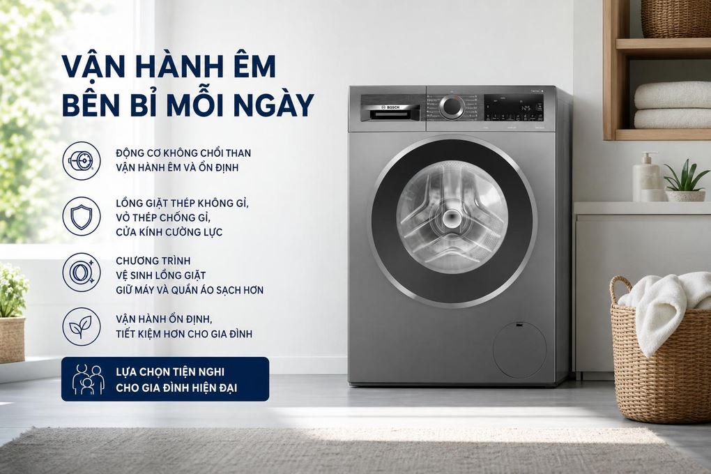 Máy giặt Bosch Inverter 9 kg WGG24401SG - Vận hành êm, kết cấu bền cho sử dụng lâu dài Máy giặt Bosch Inverter 9 kg WGG24401SG - Vận hành êm, kết cấu bền cho sử dụng lâu dài