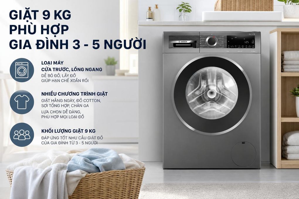 Máy giặt Bosch Inverter 9 kg WGG24401SG - Giặt 9 kg phù hợp gia đình 3 - 5 người Máy giặt Bosch Inverter 9 kg WGG24401SG - Giặt 9 kg phù hợp gia đình 3 - 5 người