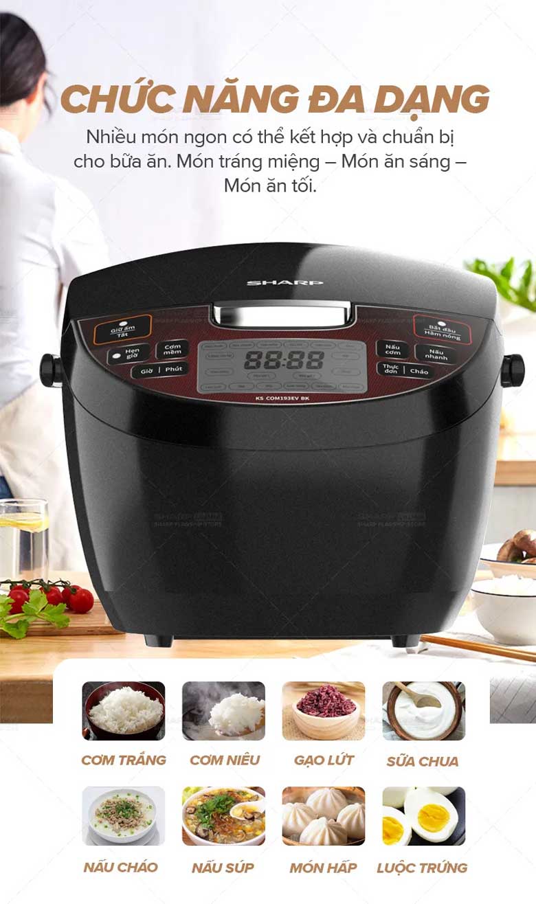 Nồi cơm điện tử Sharp KS-COM193EV-BK 1.8 lít - Đa dạng chức năng nấu