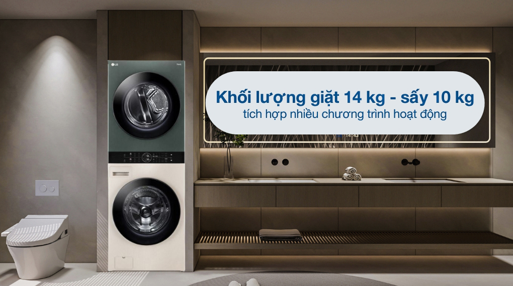 Khối lượng giặt - Tháp giặt sấy LG WashTower Inverter giặt 14 kg - sấy 10 kg WT1410NHEG
