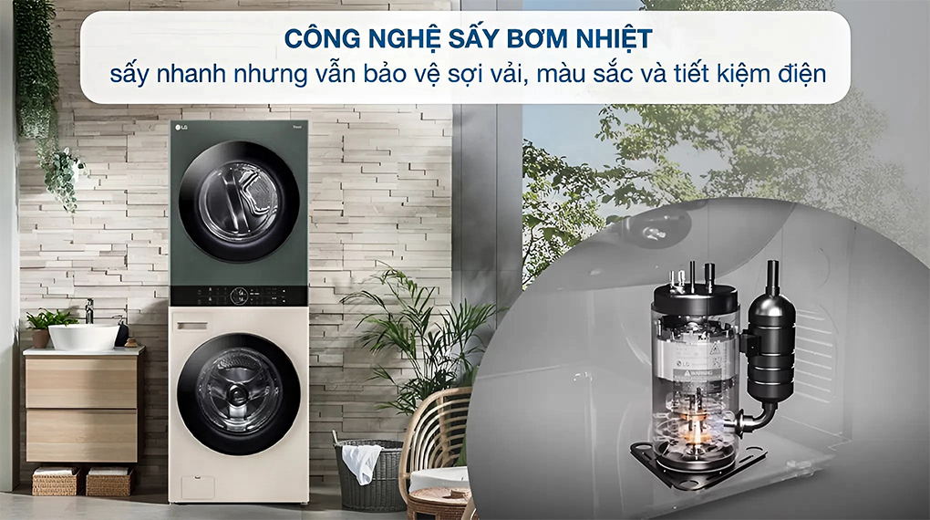 Công nghệ sấy bơm nhiệt Heatpump - Tháp giặt sấy LG WashTower Inverter giặt 14 kg - sấy 10 kg WT1410NHEG