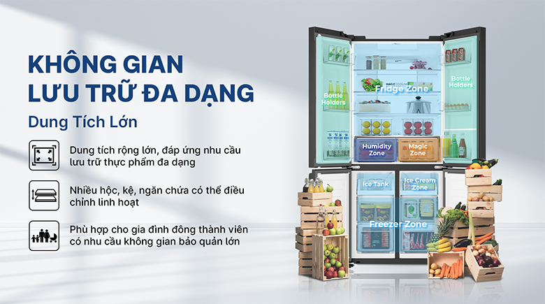 Tủ lạnh 4 cửa Aqua Inverter 529 lít AQR-M600XA(GB) dung tích lớn