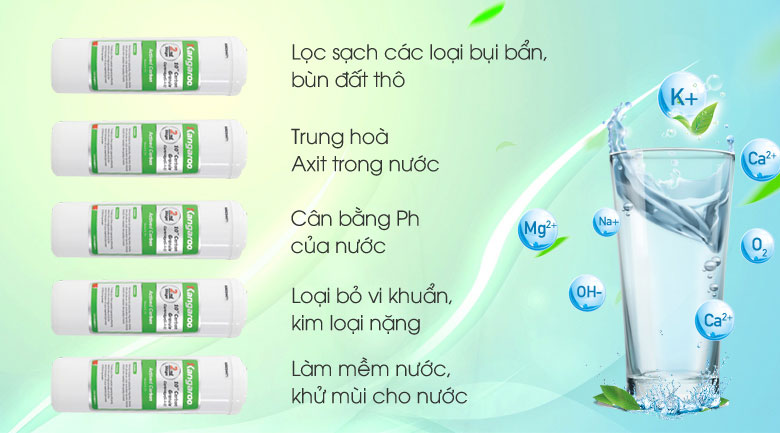 Máy lọc nước Kangaroo KG62A3 được trang bị hệ thống lọc RO gồm 5 cấp lọc 