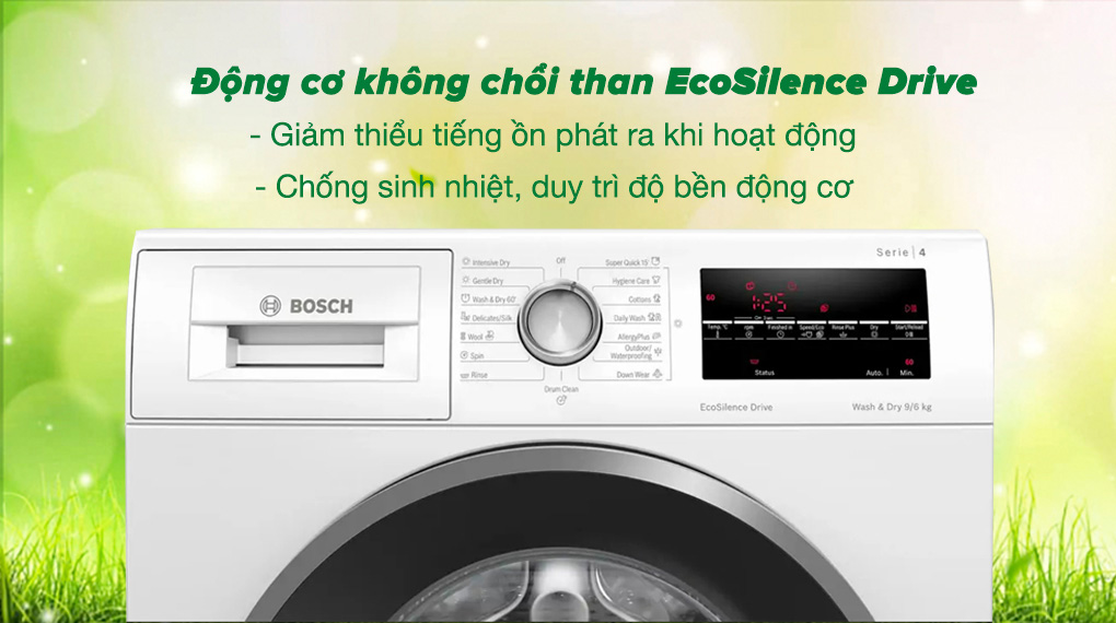 Máy giặt sấy Bosch 9 kg WNA14400SG - Sử dụng không chổi than EcoSilence Drive tránh sinh nhiệt, vận hành êm ái 