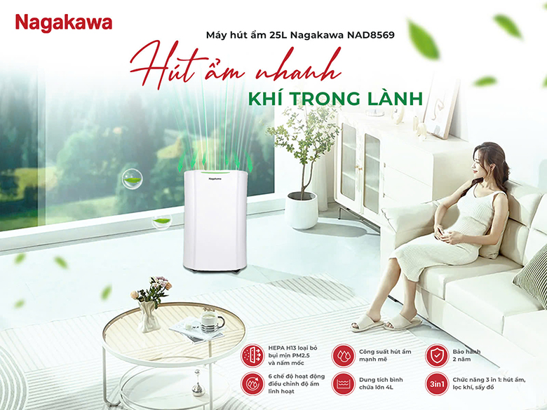 Máy hút ẩm Nagakawa NAD8569 kèm lọc không khí 25L 