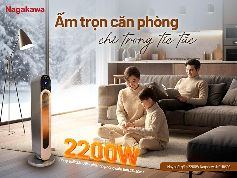 Quạt sưởi gốm Nagakawa NEH8399 công suất mạnh mẽ lên đến 2200W 