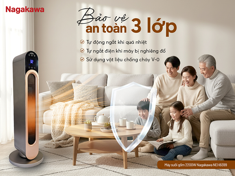 Quạt sưởi gốm Nagakawa NEH8399 có cảm biến nghiêng đổ