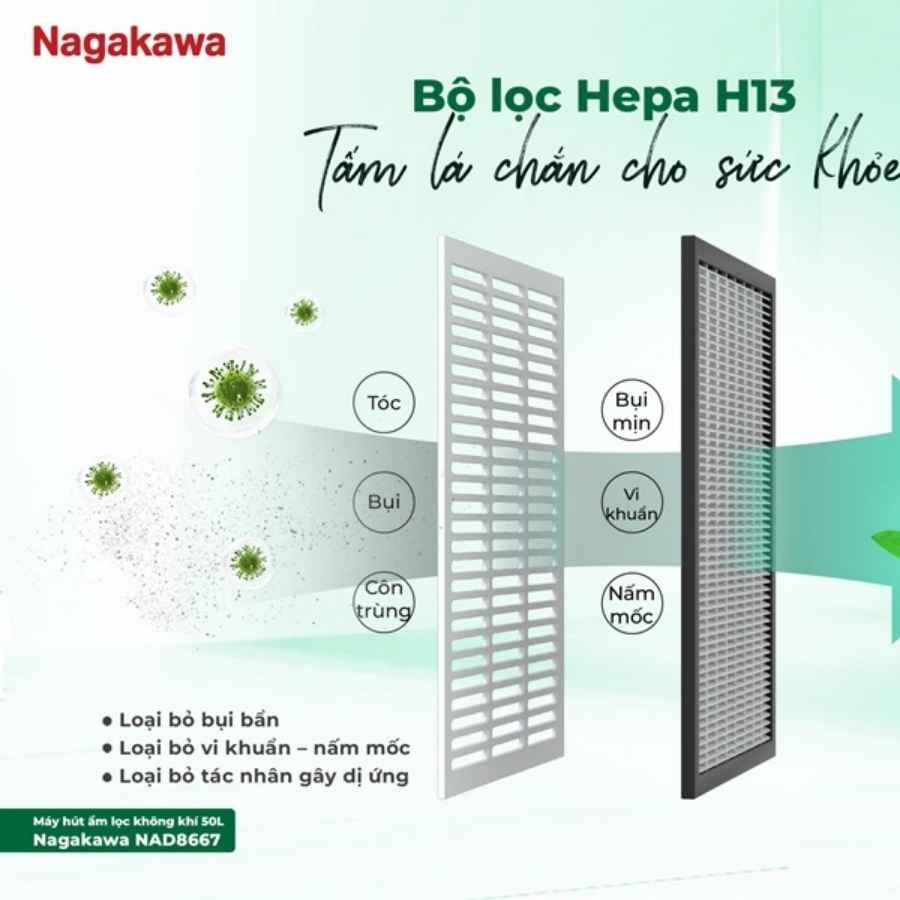 Máy hút ẩm Nagakawa NAD8667 50L lọc không khí