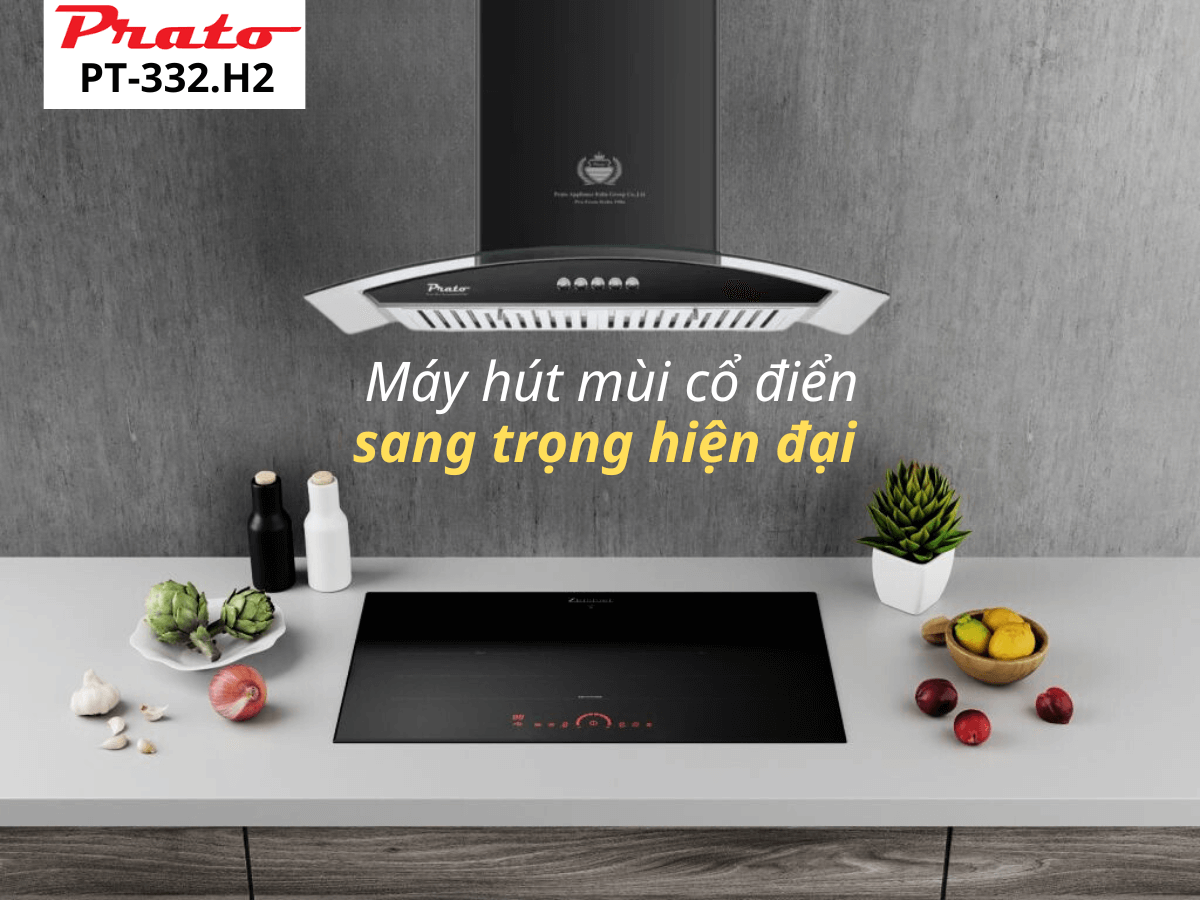Máy hút mùi Prato PT-332.H2 thiết kế gắn tường kính cong sang trọng, hiện đại