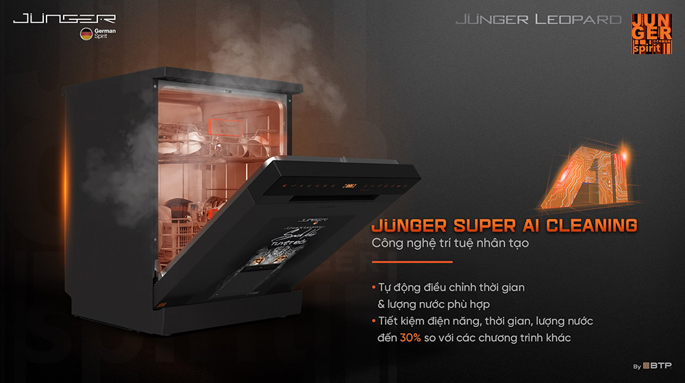Công nghệ Junger Super AI Cleaning tự động điều chỉnh thời gian và lượng nước rửa phù hợp
