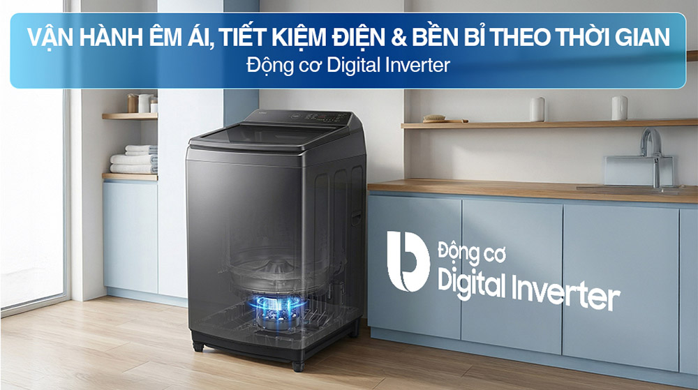 Động cơ Digital Inverter với nam châm vĩnh cửu giúp máy chạy êm, ổn định và giảm tiêu thụ điện năng