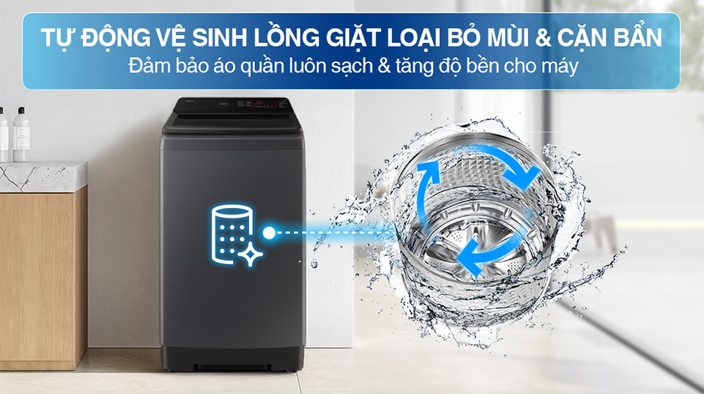 Chức năng tự vệ sinh lồng giặt giúp loại bỏ cặn bẩn và mùi hôi tích tụ hiệu quả