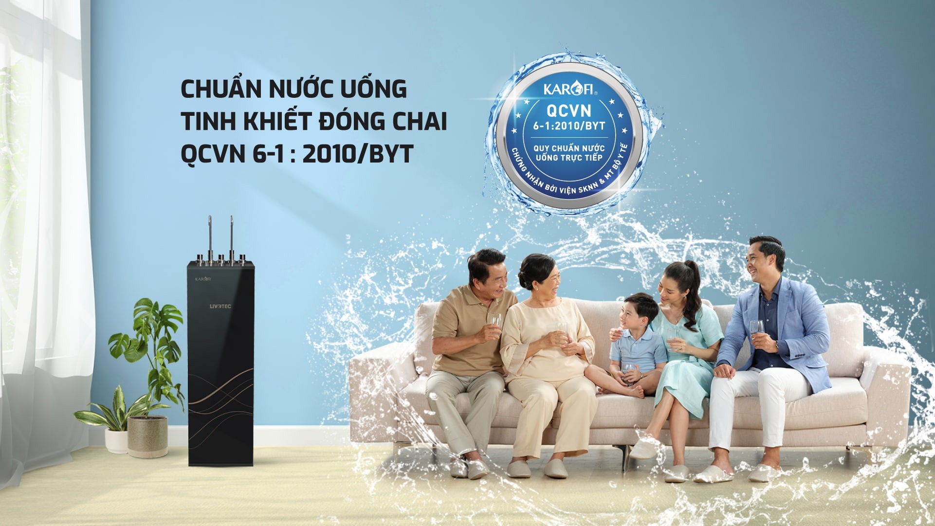 Máy lọc nước nóng lạnh Karofi Livotec 628 (628S) đạt tiêu chuẩn nước tinh khiết đóng chai có thể uống trực tiếp