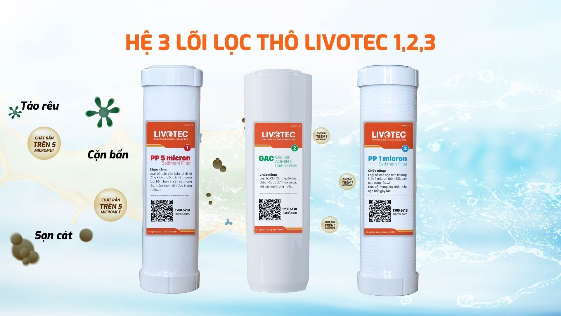 Máy lọc nước nóng lạnh Karofi Livotec 628 (628S) có 3 lõi thô