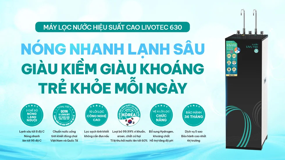 Máy lọc nước Karofi Livotec 630 (630S) mang lại nguồn nước giàu Hydrogen và ion kiềm