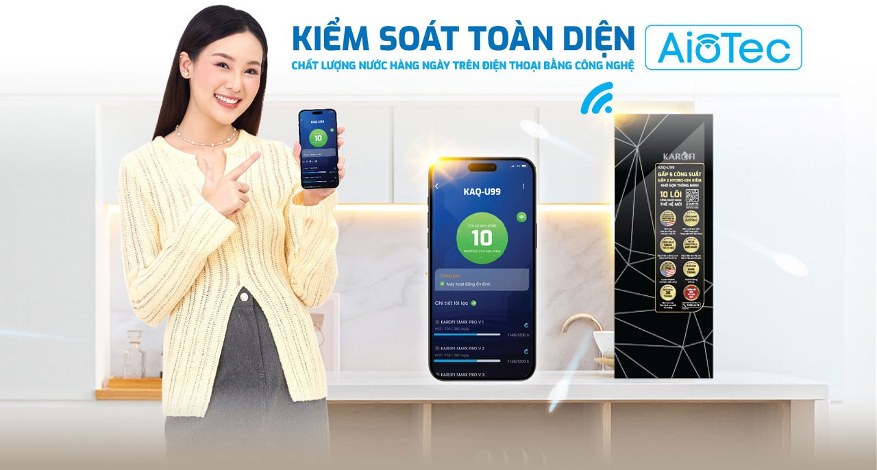 Máy lọc nước Karofi KAQ-U99 sử dụng công nghệ AioTec - Giám sát chất lượng nước thông minh