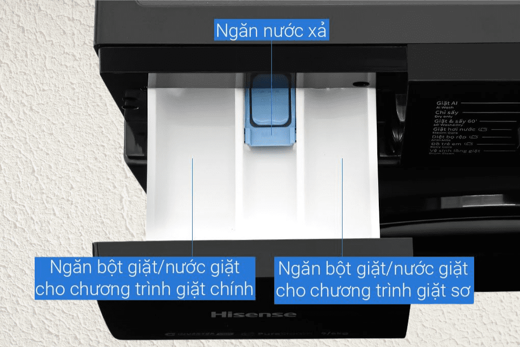 Máy giặt sấy Hisense Inverter giặt 9 kg - sấy 6 kg WD90N1Y - Ngăn chứa chất tẩy rửa