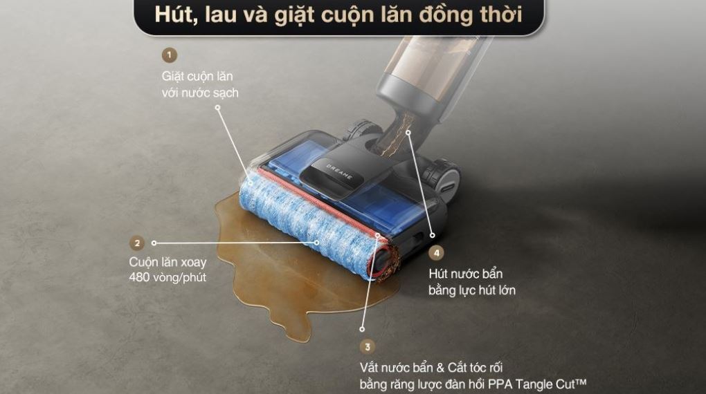 Hút, lau và giặt cuộn lăn - Máy hút bụi lau nhà Dreame H13 FlexReach
