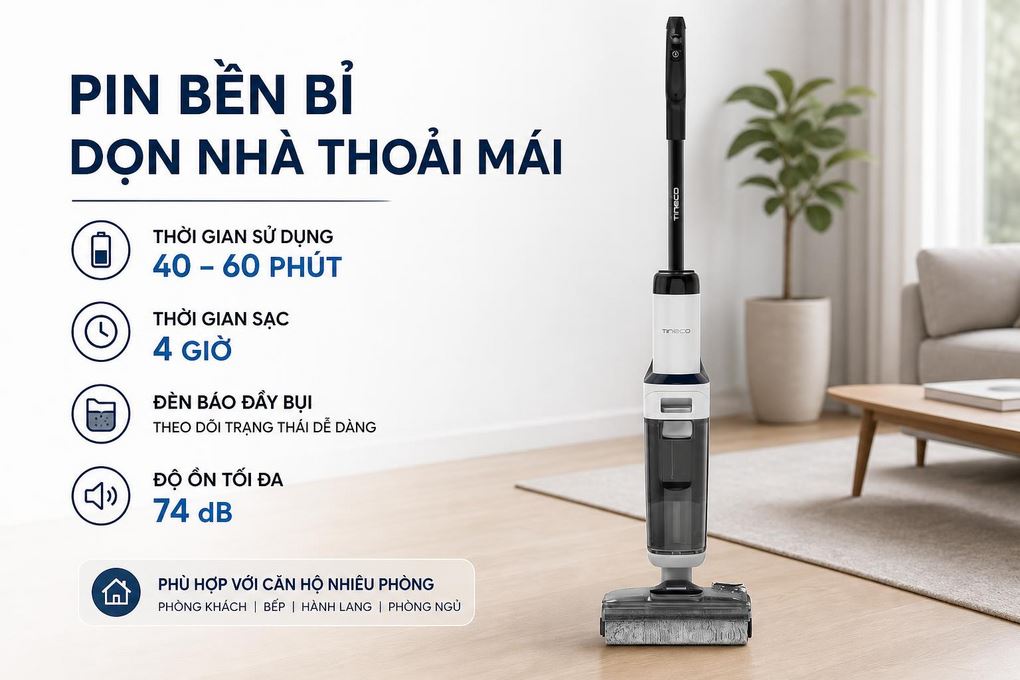 Máy hút bụi lau nhà Tineco Floor One S6 Stretch Max - Pin, thời gian dùng và tiếng ồn trong thực tế