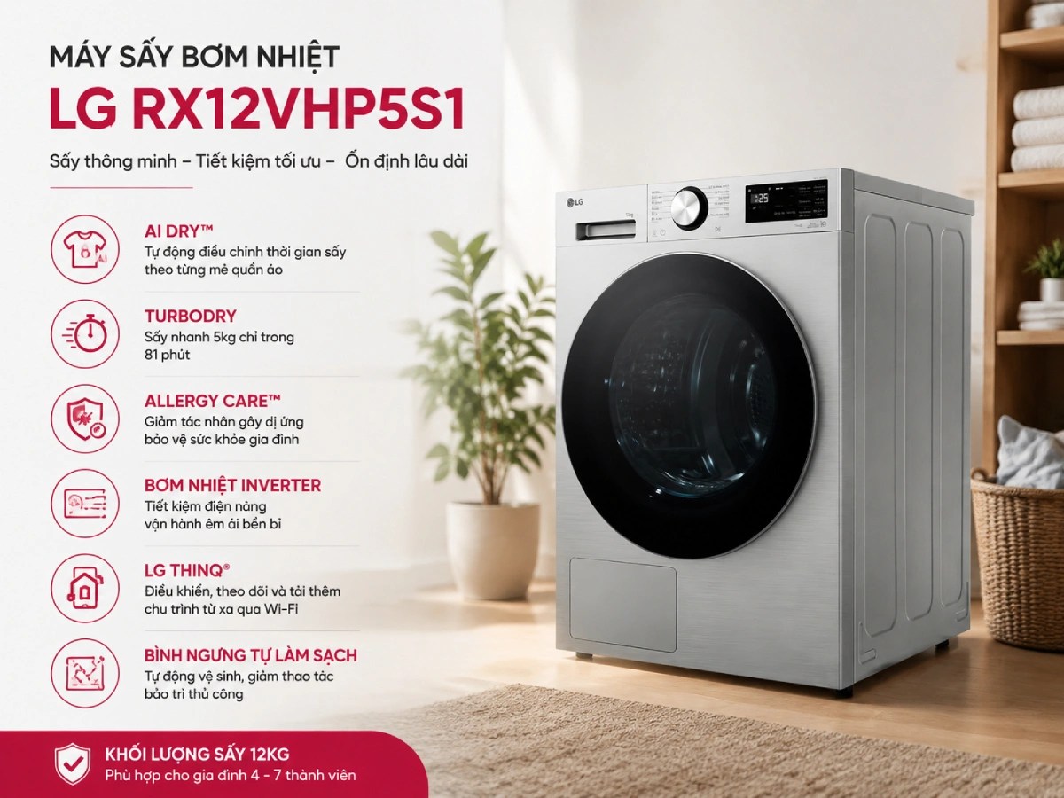 Máy sấy bơm nhiệt LG Inverter 12kg RX12VHP5S1