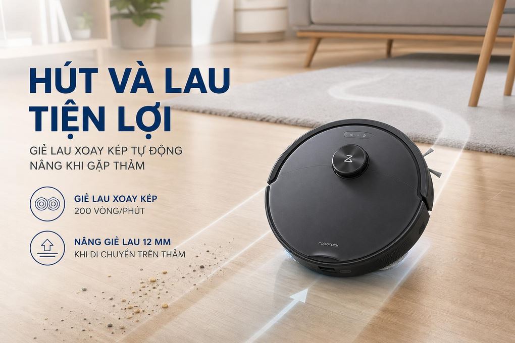 Robot hút bụi lau nhà Roborock Qrevo 2 Pro - Đen - Hút và lau tiện lợi với giẻ lau xoay kép tự động nâng khi gặp thảm