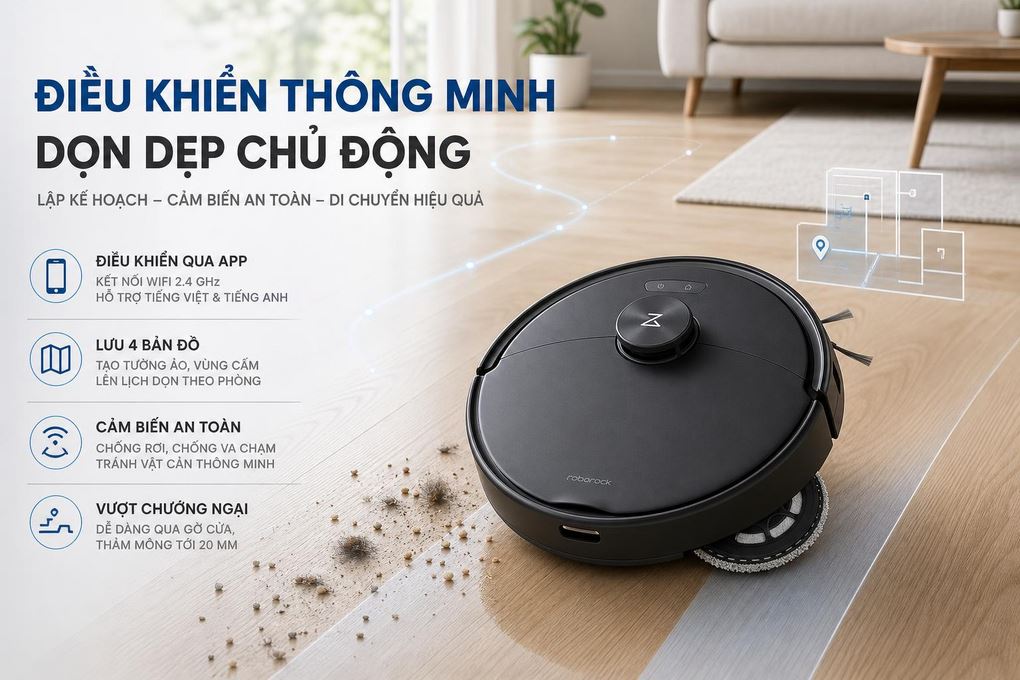 Robot hút bụi lau nhà Roborock Qrevo 2 Pro - Đen - Điều khiển thông minh, cảm biến an toàn và lập kế hoạch làm việc hiệu quả